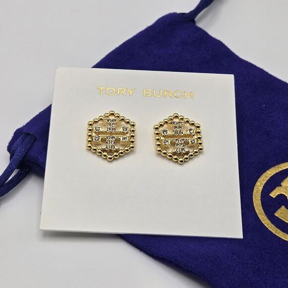 NEW Tory Burch Hex Pave Logo Stud Earrings Crystal Gold Gift Classic Everyday - Picture 3 of 4